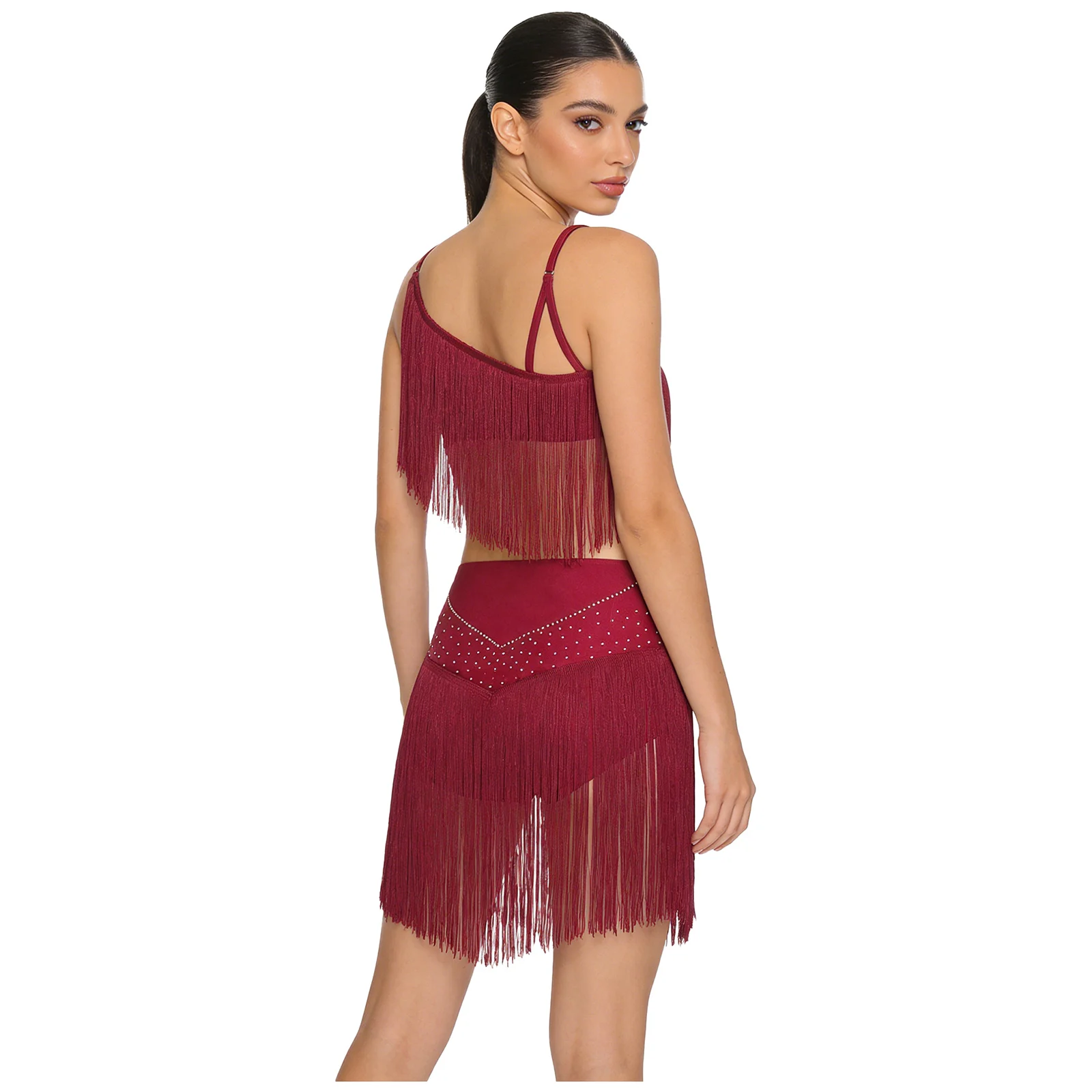 

Women Fringed Latin Cha-Cha Dance Leotard Dresses Shiny Rhinestones Tassel Bodysuit Outfits for Tango Salsa Skating Performance