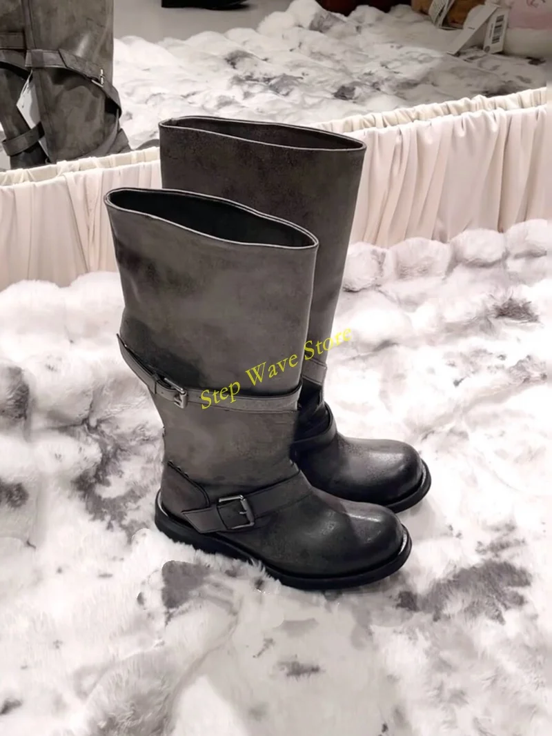 Buckle-studded Boot Thick Heel Vintage Distressed Mid-Calf Boots Slip On Slouchy Runway 2026 Winter Autumn Women Dress Shoes