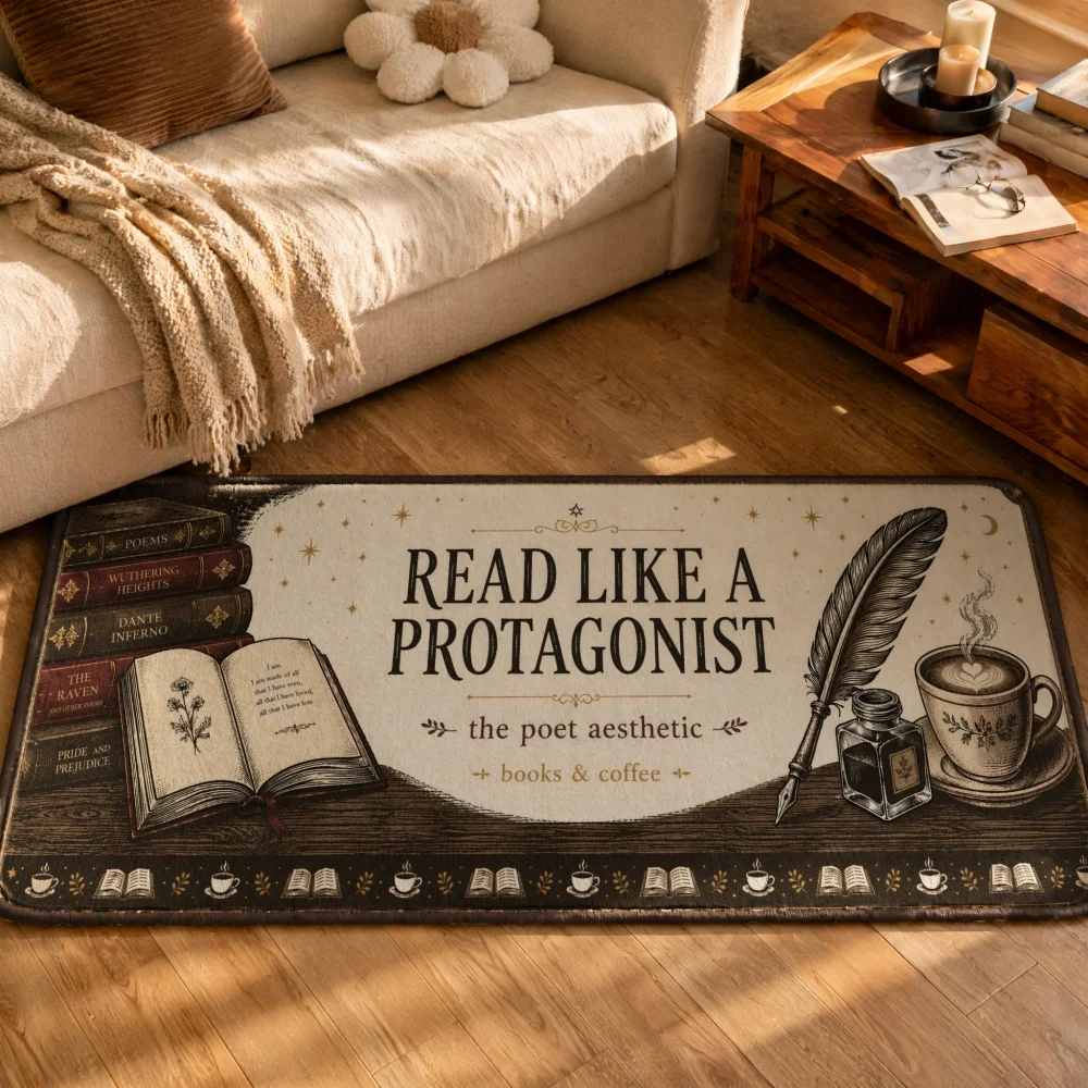 Flannel Long Runner Floor Mat Vintage Book Quill Coffee Cup Print NonSlip Absorbent Rug Reading Nook Literary Home Decor Doormat