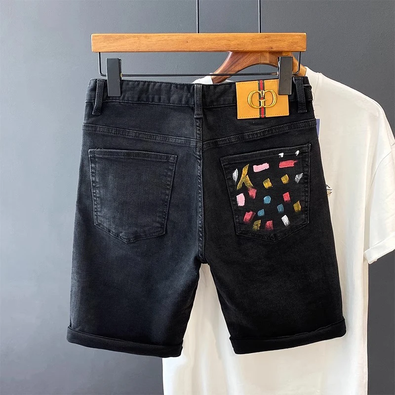 Summer Men High Quality Luxury White Denim Short Pants Fashion Graffiti Print Jeans Male Slim Fit Trend Versatile Stretch Pants