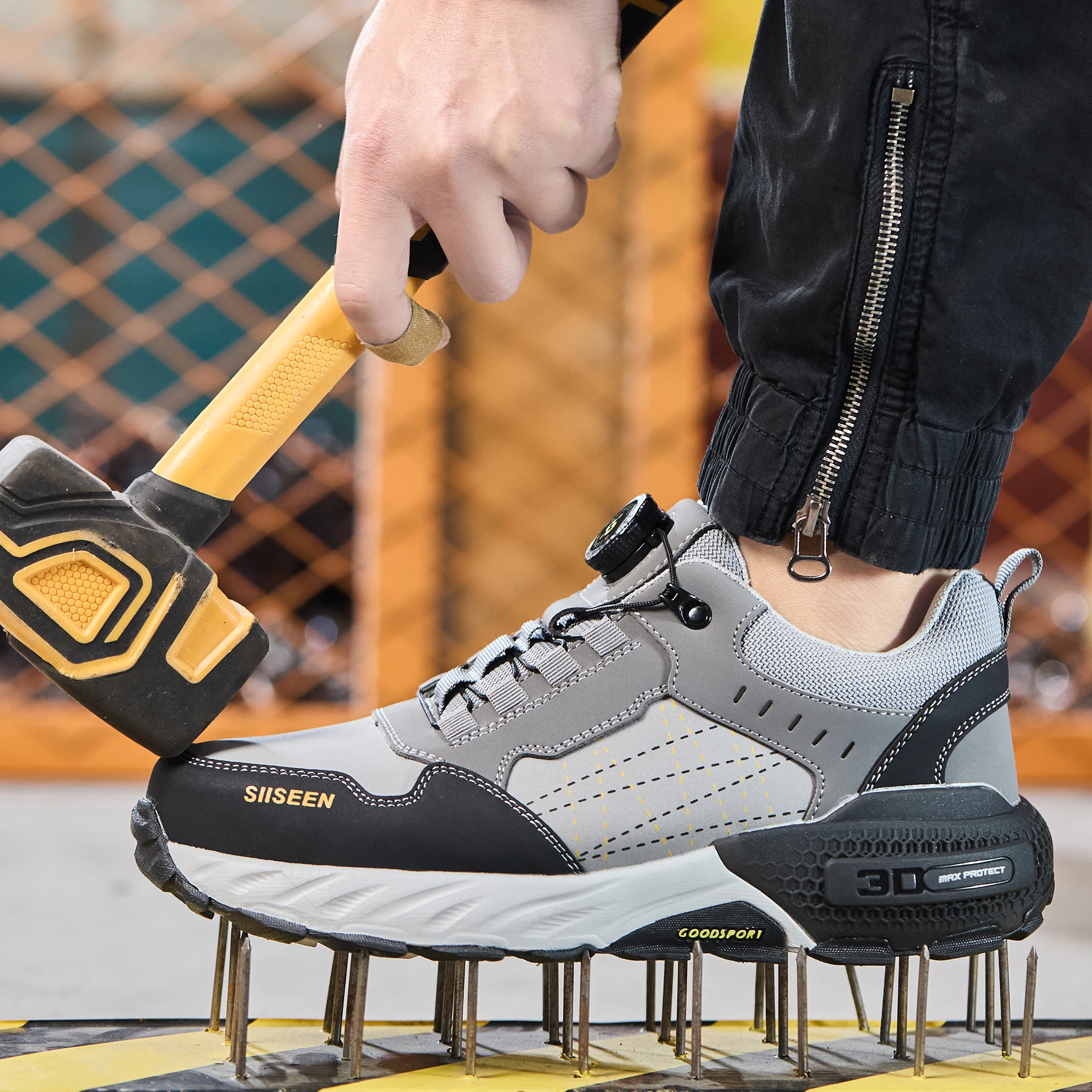 Men's Safety Shoes Anti-Impact Steel Toe Anti-Puncture Kevlar Non-Slip Work Boots with Fashionable Buttons