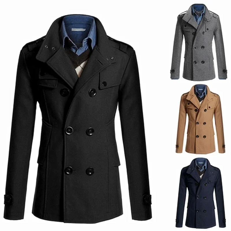 

2025 men's woolen coat slim-fitting medium and long stand-up collar trench coat underworld casual jacket