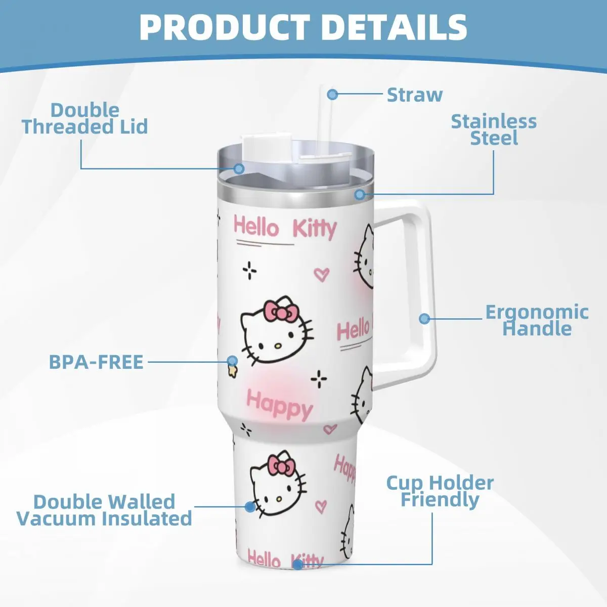 MINISO Hello Kitty Stainless Steel Tumbler Travel Thermal Cups With Straws and Lid 40oz Car Mugs Cold and Hot Water Bottle