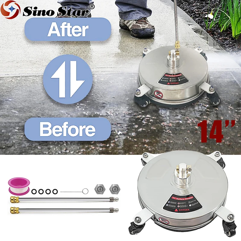 

14'' Pressure Washer Surface Cleaner Stainless Steel with 2 Extension Wand 4000 PSI Pressure Washer Attachment with Wheels