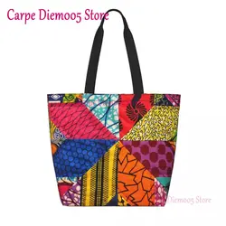 Bolso de mano de lona con estampado africano de Ankara para mujer, bolsos de compras de comestibles, bolsos de mano geométricos de arte étnico, bolsos de compras de gran capacidad