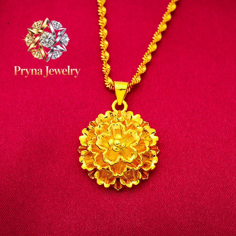 Pryna Jewelry  24K Gold Flower Pendant | AU999 Pure Gold, 3D petal design, see-through stamen, elegant and romantic for daily we
