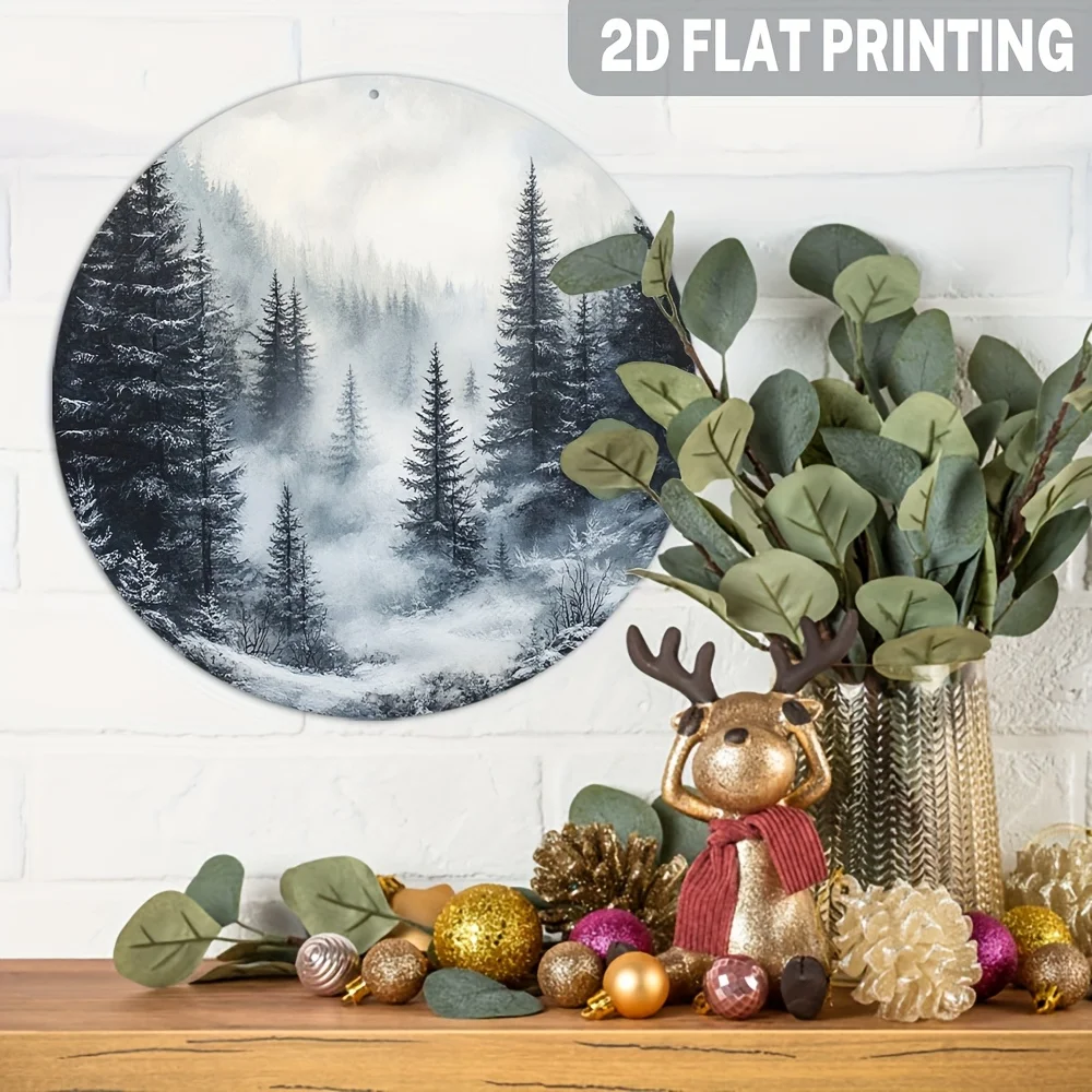 2D Flat, 2D Flat,1pc,Rustic Winter Forest Scene,Snowy Trees in Mist Round Aluminum Metal Sign Winter Wonderland Wall Art Wall Ha