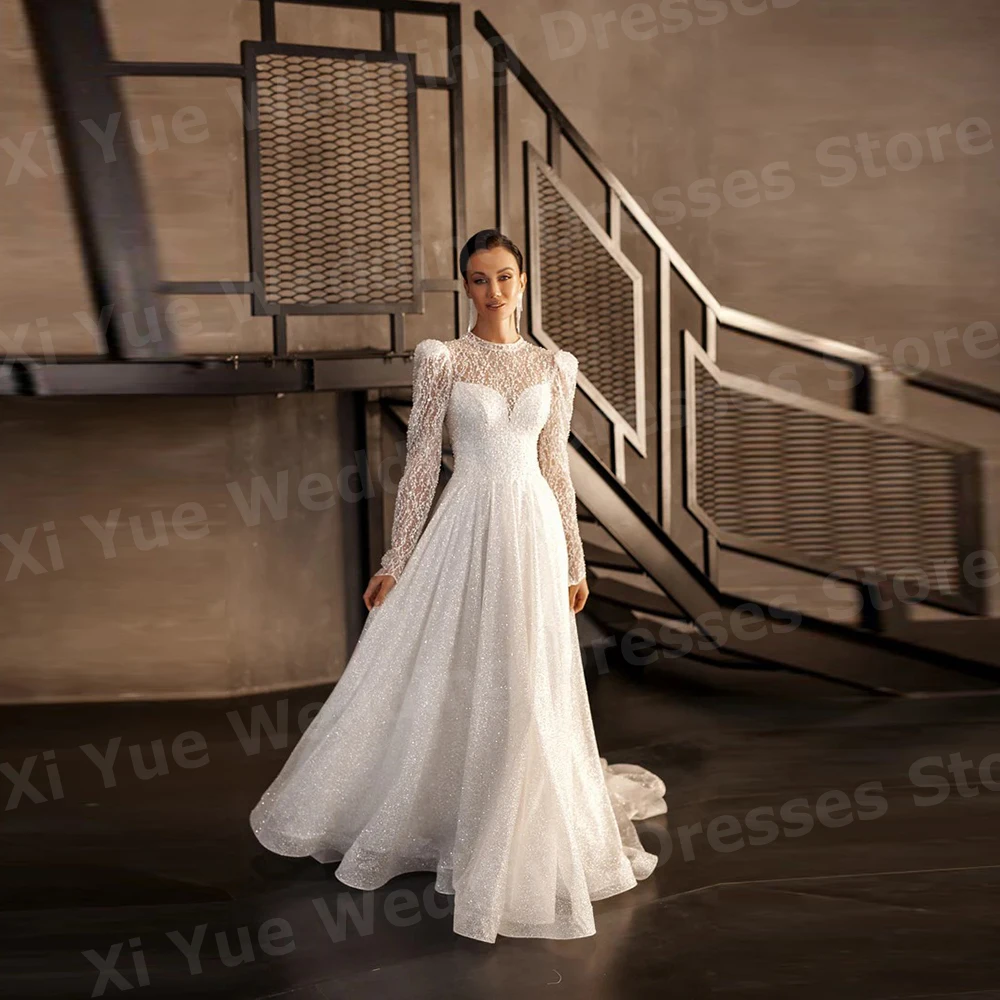 2025, glitzernde A-Linie-Hochzeitskleider für Damen, O-Ausschnitt, Vestidos De Novia, Brautkleider, maßgeschneidert, langärmelig, mit Pailletten, Hochzeitskleid