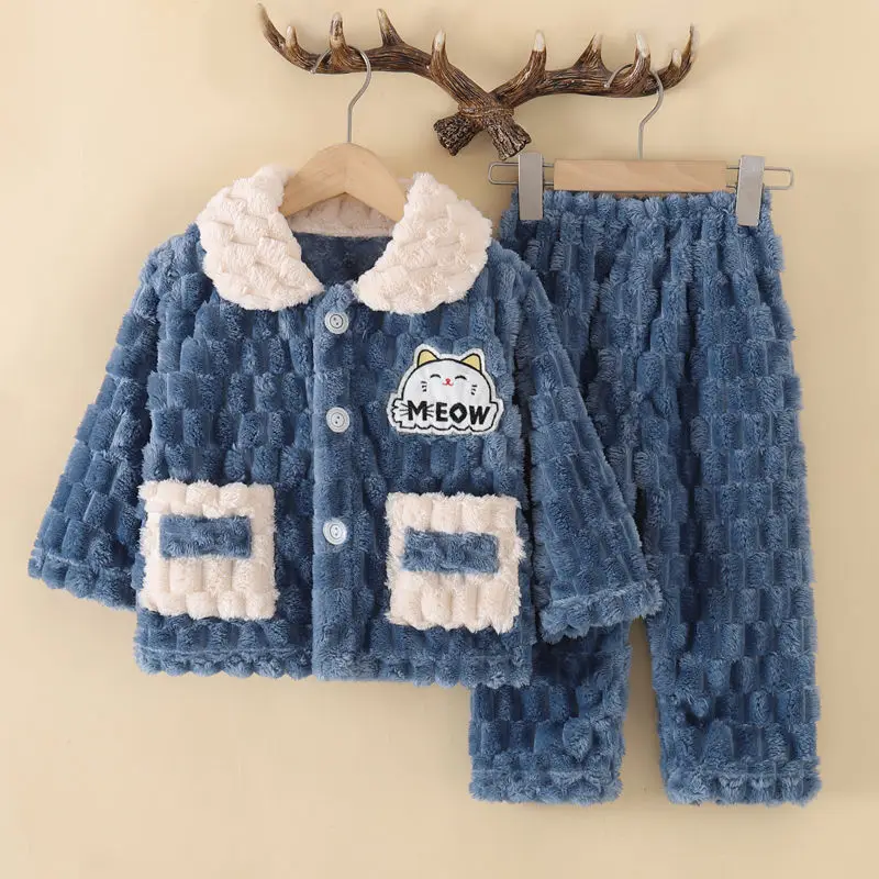 Boys Girls Winter Thick Fluffy Flannel Pajamas Set Kids Cute Cartoon Print Long Sleeve Lapel Tops + Pants Warm Pyjamas Sleepwear