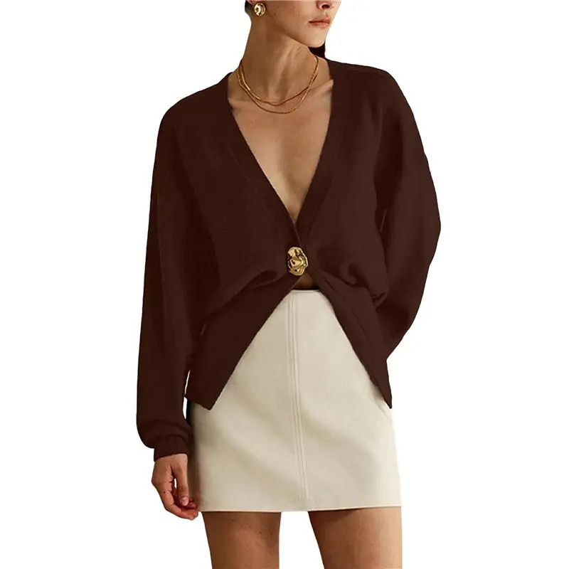 

Женский кардиган AUAU с глубоким V-образным вырезом, длинными рукавами, на пуговицах, вязаный крючком, короткий, осенний, модный