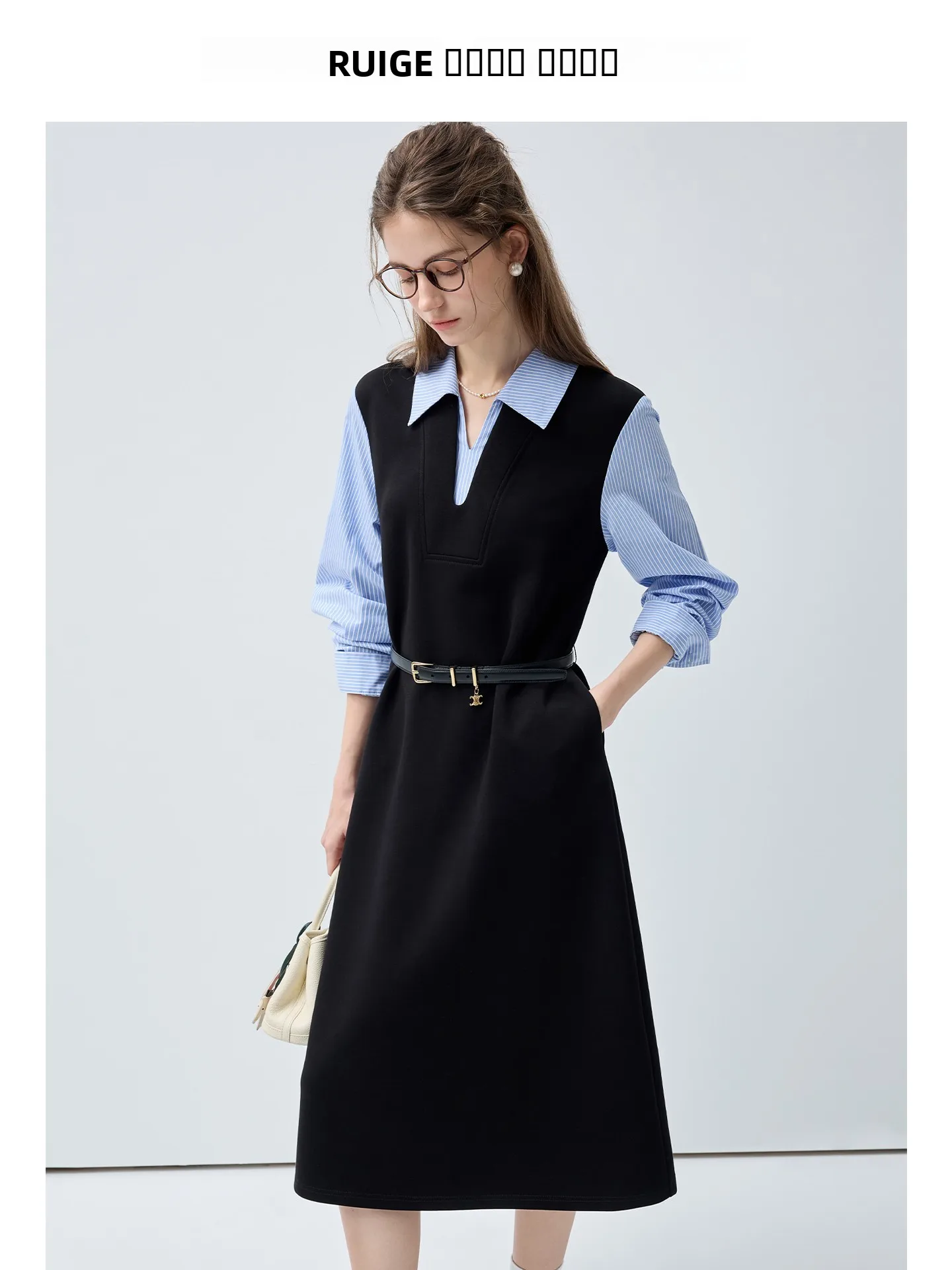 Afslankend effect Grote maten damesjurk met strepen en nep-tweedelig ontwerp Lente Nieuw Sle Plump Micro-Match Long Dr