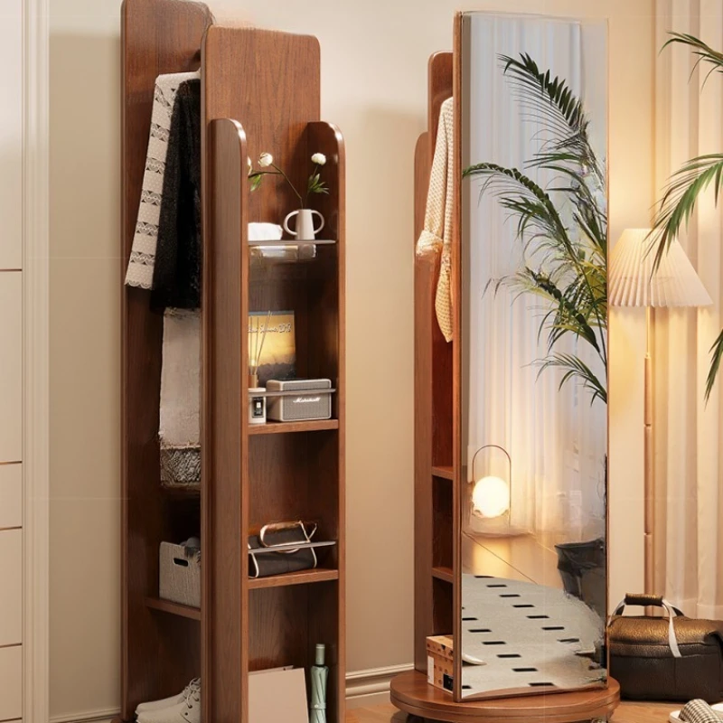 

Solid wood full-length mirror movable full-body mirror with hanger, household floor rotating bookshelf, magazine integrated