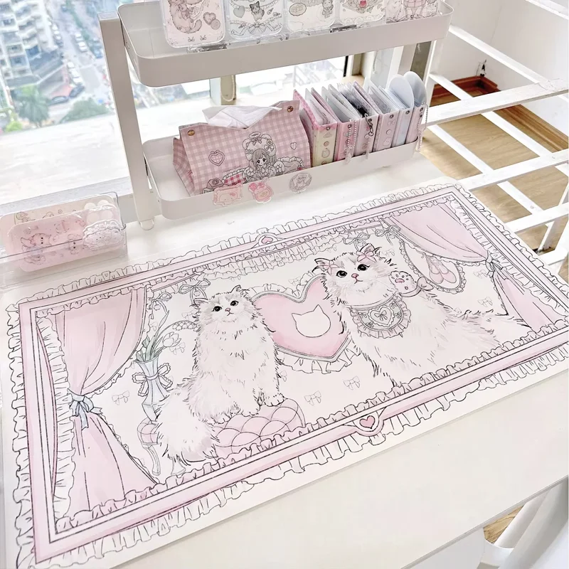 Ins Design Table Mat Sweetheart Doll Cat Cute Girl Heart Waterproof Non-Slip Leather Table Mat Mouse Pad Office Desk Decor