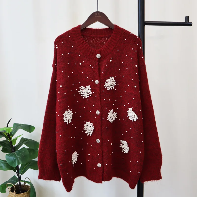 2024 Autumn Winter New Women's Korean Version Loose Nail Bead Flower Knitted Cardigan Soft Sticky Sweater Jacket Tops