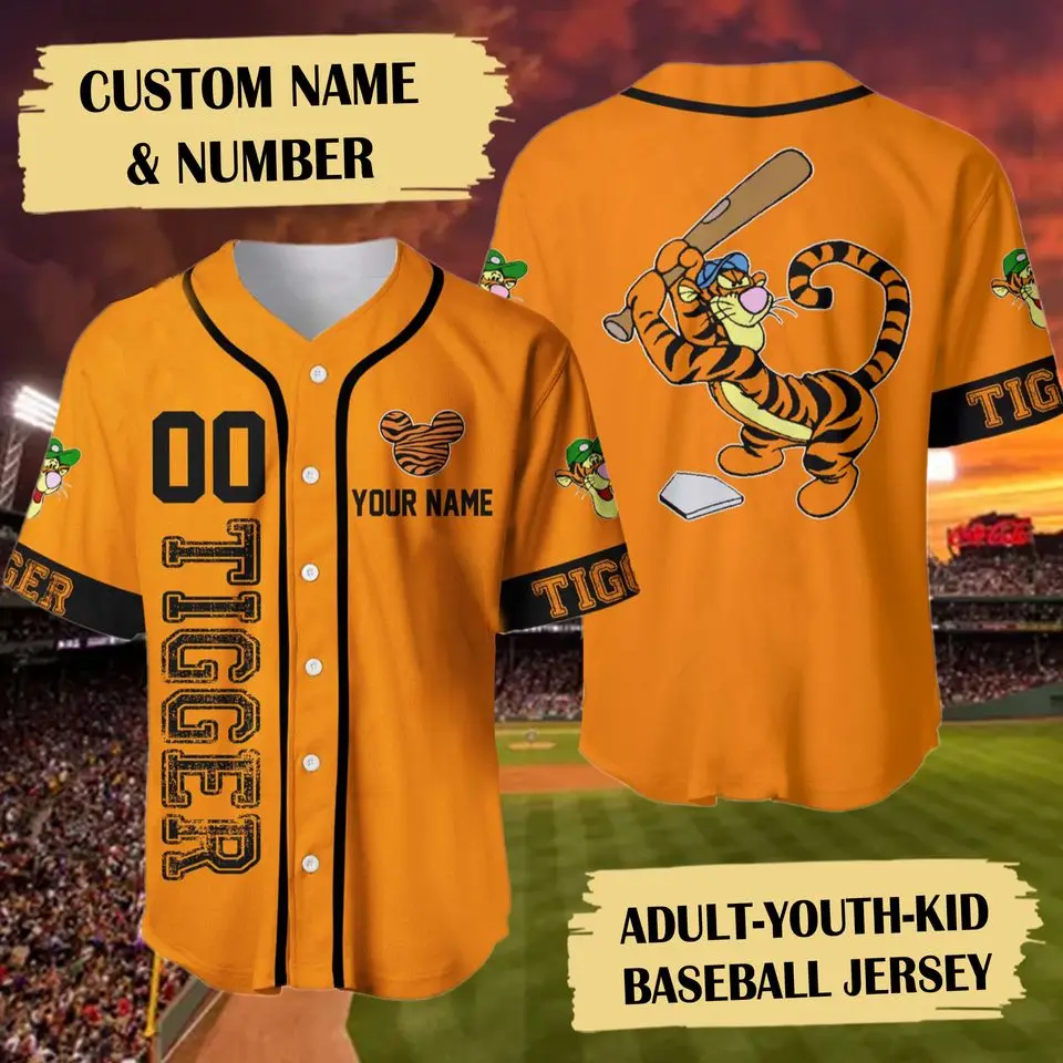 2025 Disney Tiger Baseball Jersey, customizable, 3D printed casual and stylish button up baseball shirt