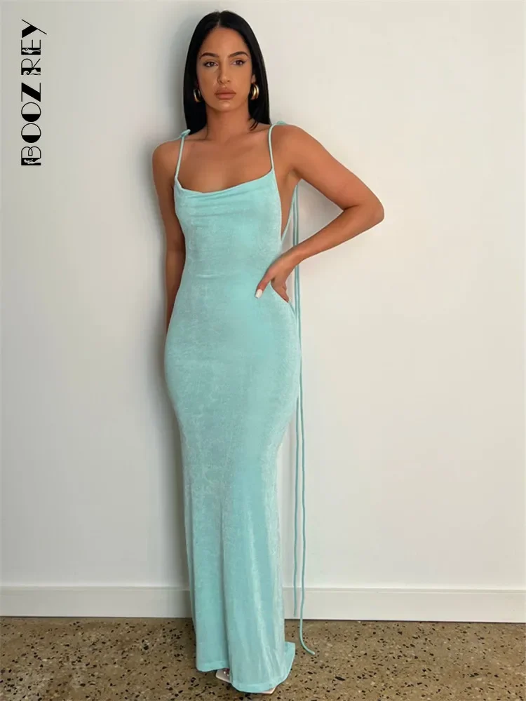 BoozRey Halter Sexy Backless Draped Maxi Dress for Women 2022 Summer Elegant Fashion Party Long Straps Shift Dresses Clothes