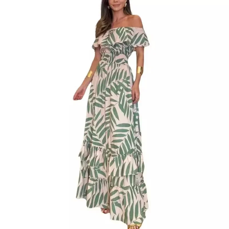 Vestido bohemio de verano para mujer, vestido informal estilo playero con hombros descubiertos, mangas cortas, cuello oblicuo, vestidos largos bohemios florales