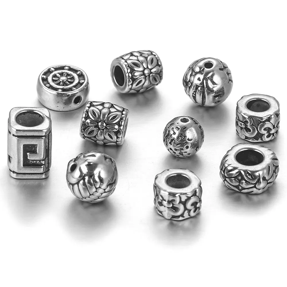 5Pcs Stainless Steel Vintage Square Tube Flower Bead Spacer Large Holes Beads for Bracelet Jewelry Making Necklace Metal Hair