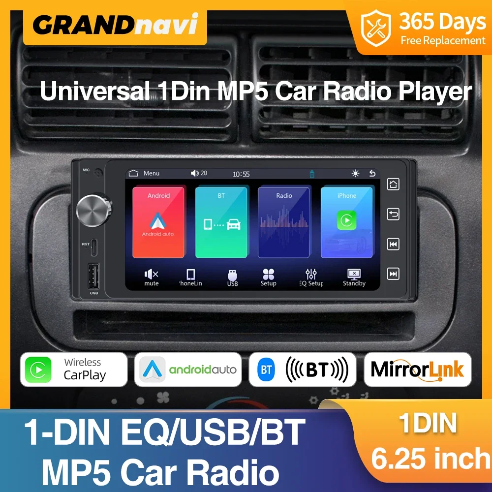 

Grandnavi 6.25inch 1Din MP5 Car Radio Player Touch Screen Wireless Carplay Android Auto Mirrorlink Bluetooth EQ FM Radio Stereo