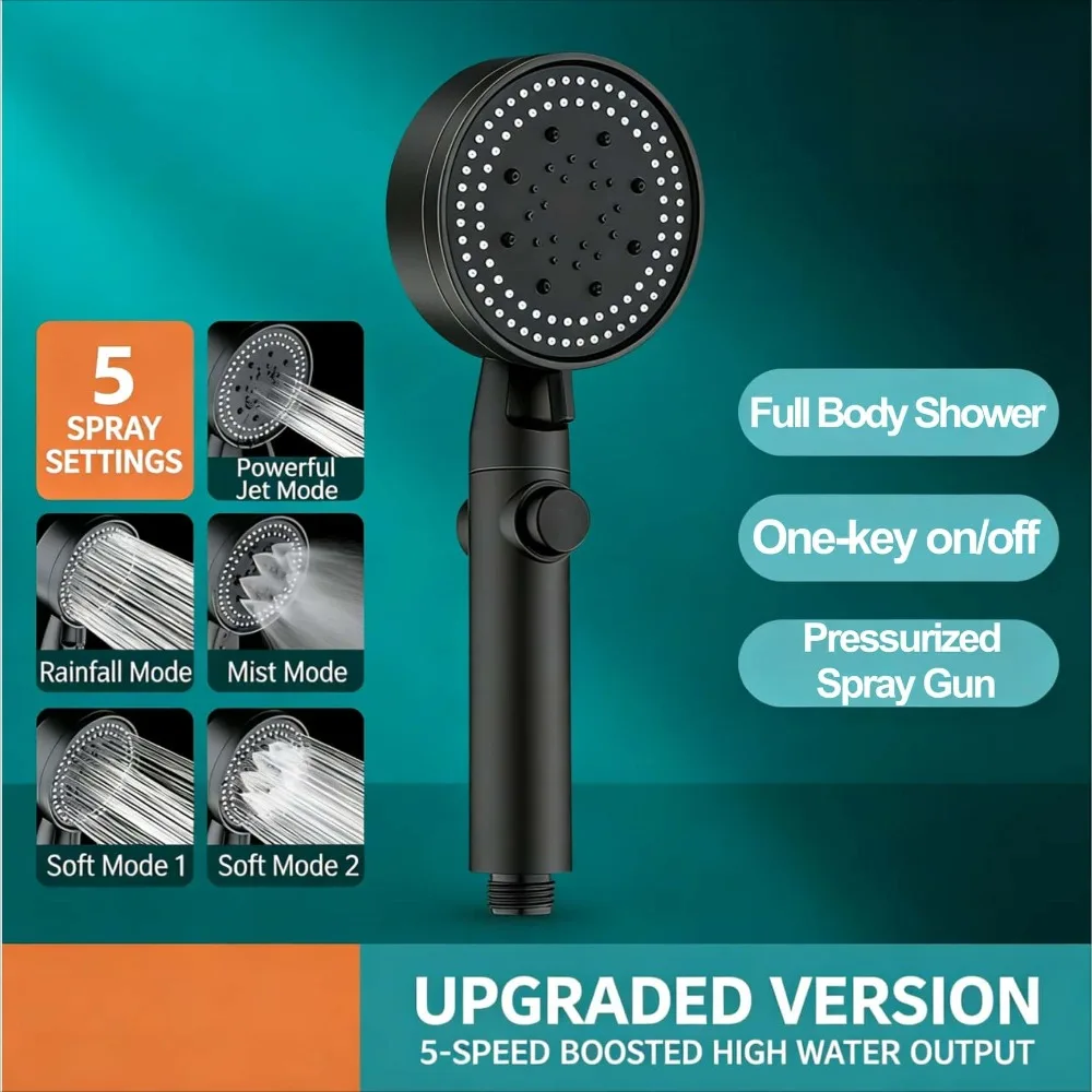 High Pressure Handheld Shower Head with ON/OFF Switch 5 Mode Water Saving Silicone Nozzle Anti-Clog Universal Grip ABS Rustproof