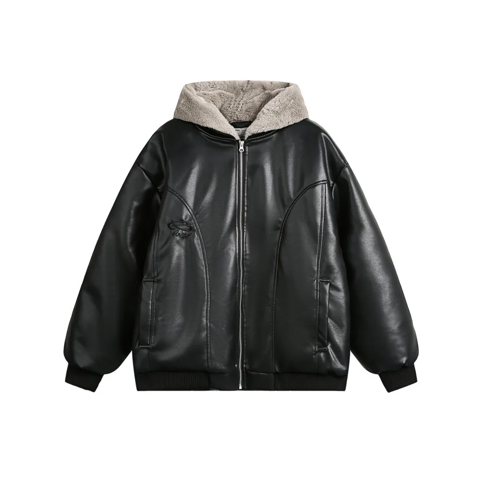 

Fake Two-piece Hooded Men's Faux Leather Jacket, Double Collar Thick Coat Man, Oversize Windproof Waterproof Streetwear Clothing