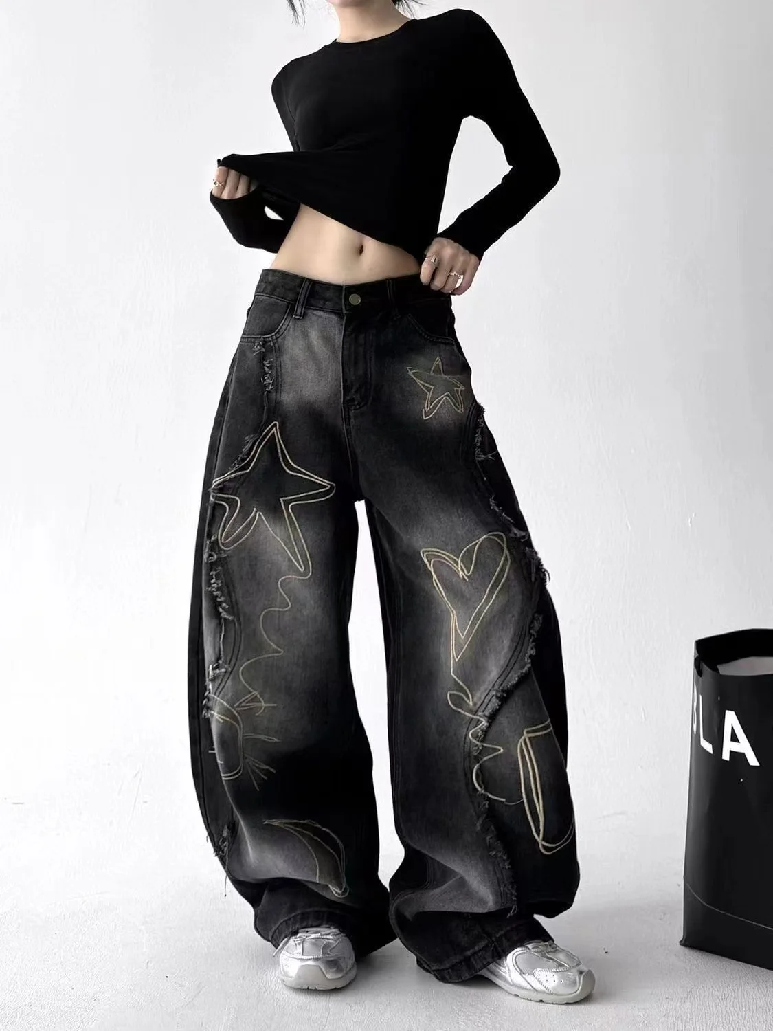 retro washed simple blue jeans women's y2k autumn high waist casual loose wide leg versatile floor pants
