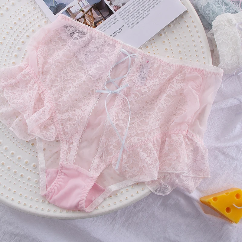 6PCS Women's High Panties Sexy Lace Ultra-thin Mesh Transparent High Waist Female Underwear Control Abdomen Ruffle Briefs