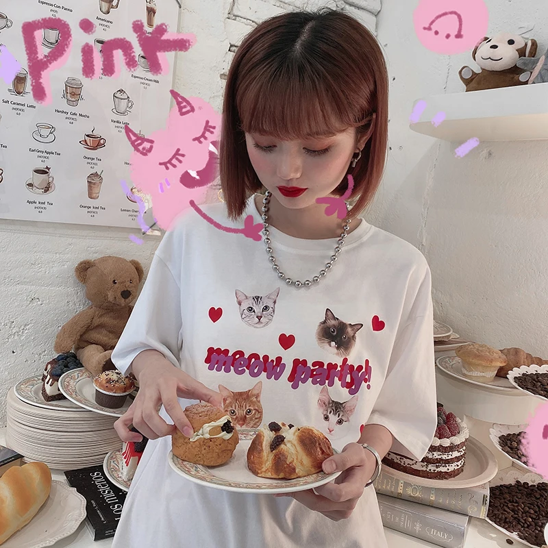 Summer T Shirt Women Female Shirt Cute Cat Graphic Crop Top Base O-neck White Kawaii Tees Ulzzang Funny Girl Tshirt Harajuku Y2k
