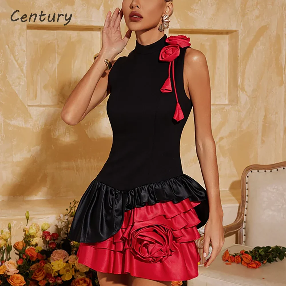 

Elegant Black Red Sleeveless High Neck 3D Flower Ruffle Hem Mini Dress For Women 2026 Bodycon Bandage Cocktail Party Club Dress