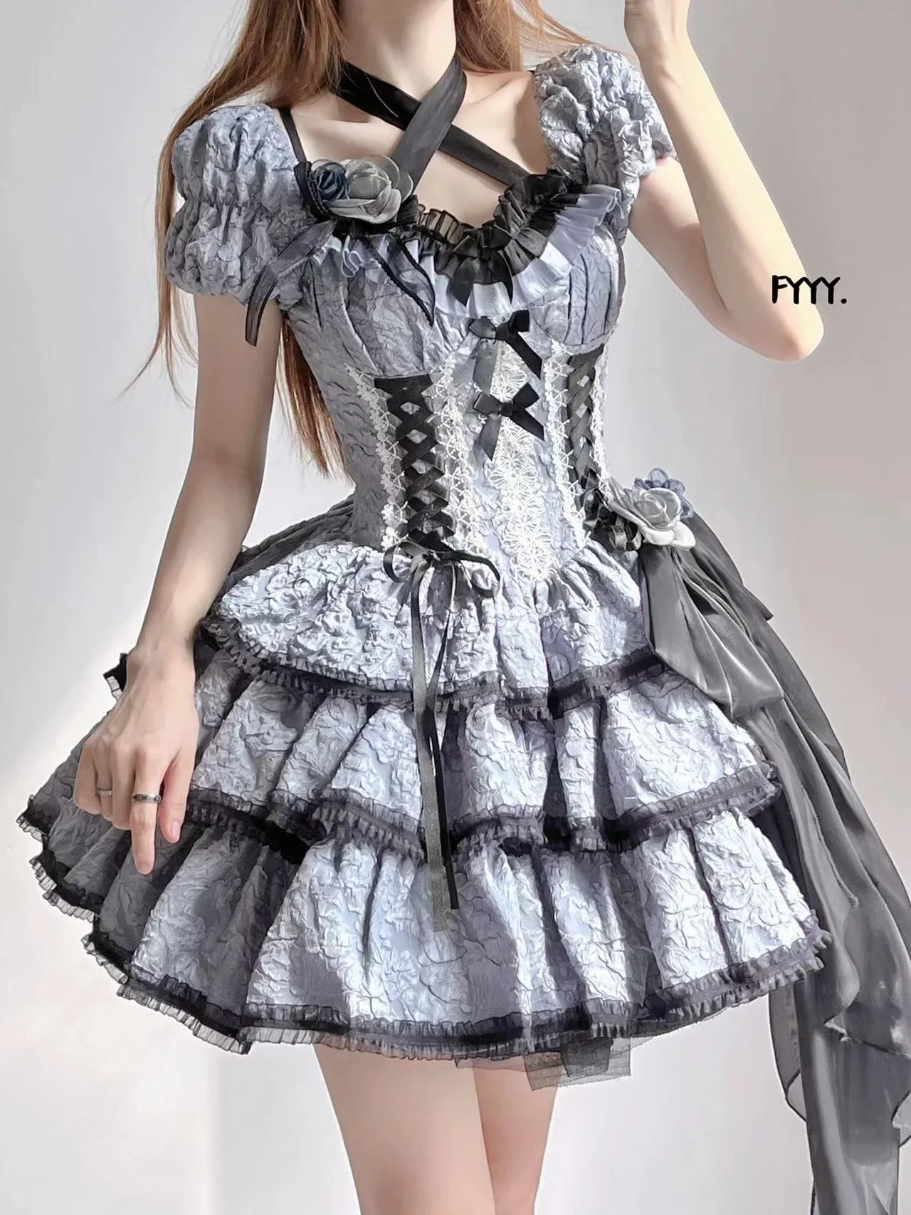 Star Sleepless Lolita Medea Kiss op Dark Blue Gothic Three Section Dog Short Spring/Summer Short Sleeve Dress