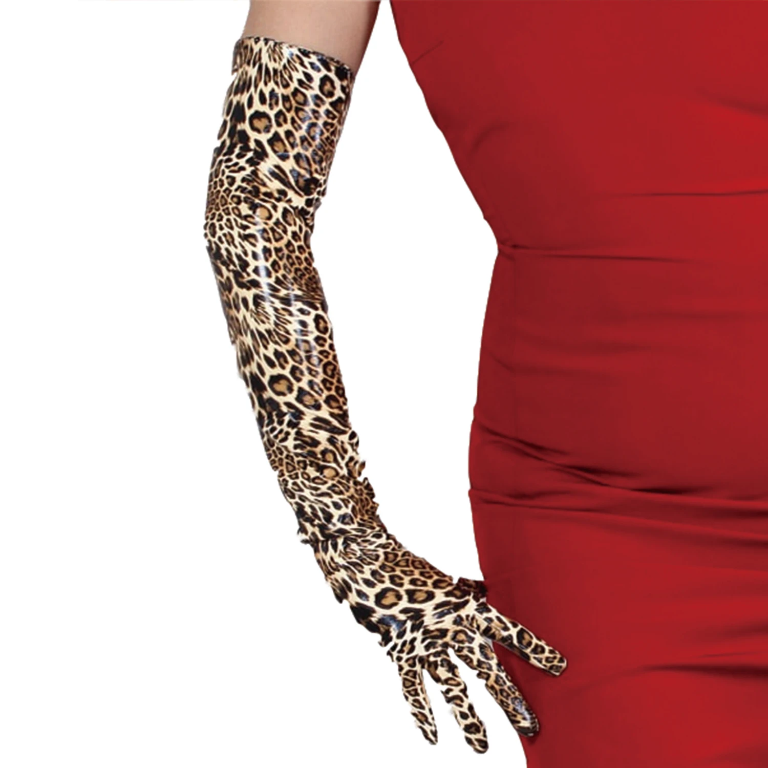 DooWay Long Leopard Gloves Faux Patent Leather Latex Wet Look Wild Animal Skin Print Fashion Cosplay Costume Evening Opera Glove