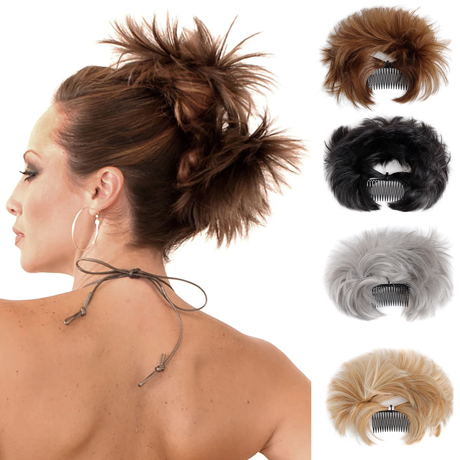 

Messy Bun Chignon Side Comb Clip in Ponytails Short Natural Straight Versatile Adjustable DIY Creative Hairstyle Hairpiece