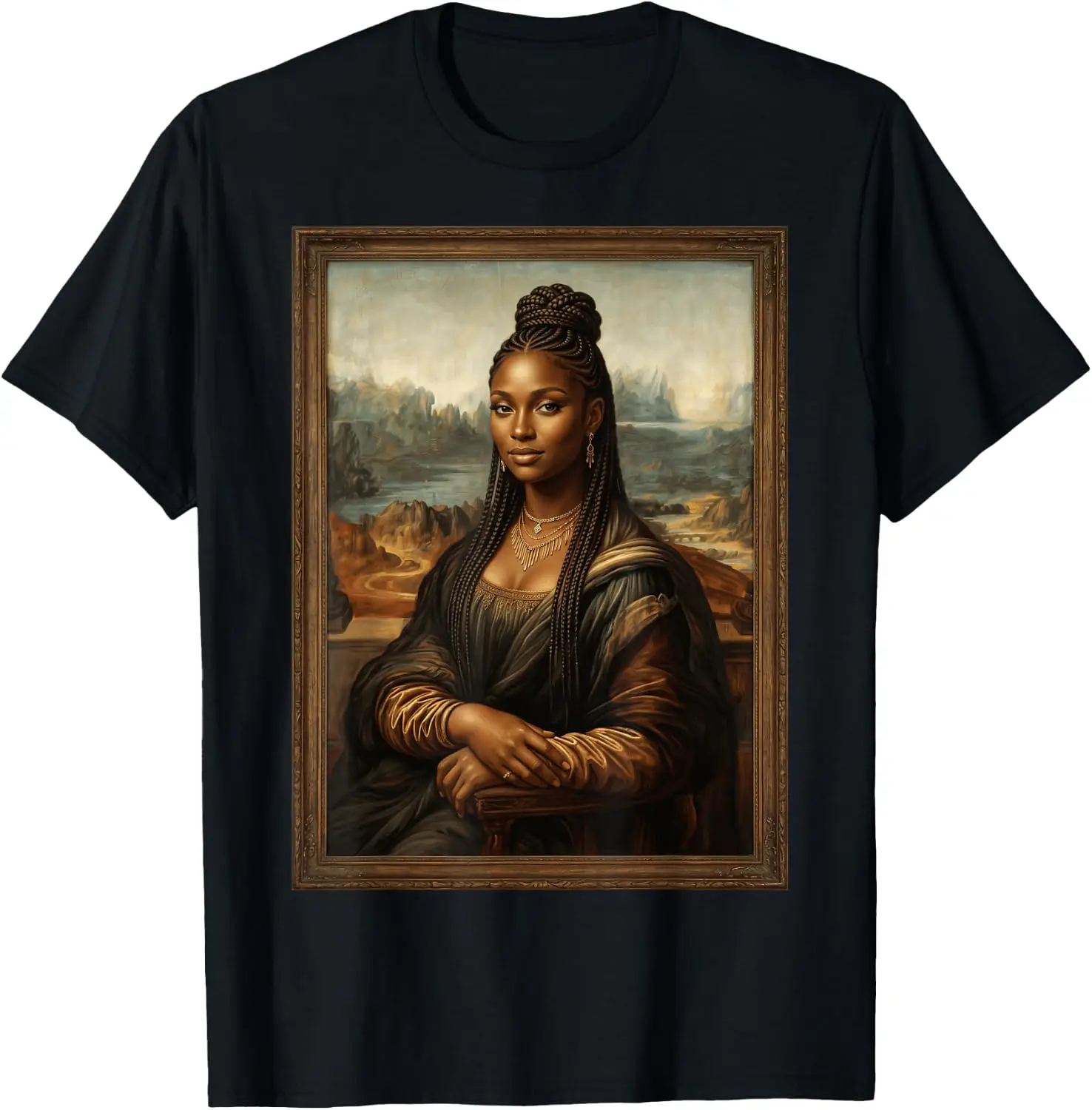 Mona Lisa Painting Black History Month T-Shirt Breathable, heavyweight pure cotton short-sleeve top—stylish, plus-size, and suitable for year-round wear with a sporty, casual vibe