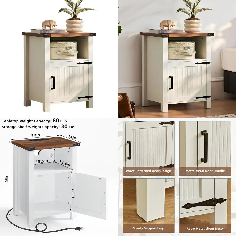 

18 Inch Farmhouse-Style Nightstand with Built-In Charger Station, USB Port, and Storage Shelf for Bedroom