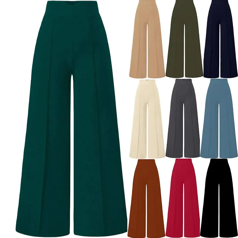 Summer Women Pants High Waist Straight Cut Trousers Solid Color Pleated Front Wide Leg Pants Elastic Waistband Draped Full