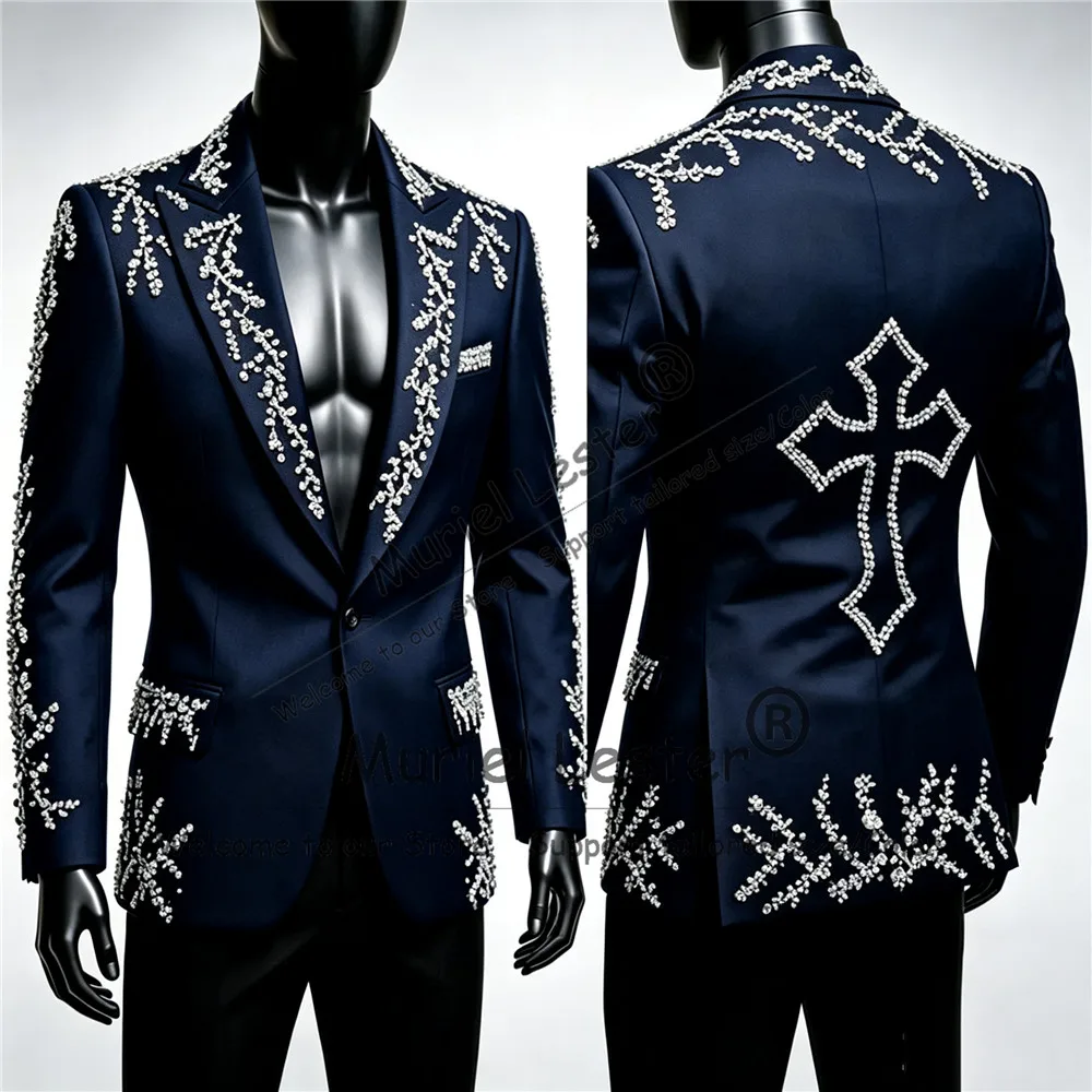 Man Unique Design Tuxedo Suits Sparkly Jewelry Stones Ornament Prom Blazer With Black Pants 2 Piece Sets Groom Wedding Attire view 2