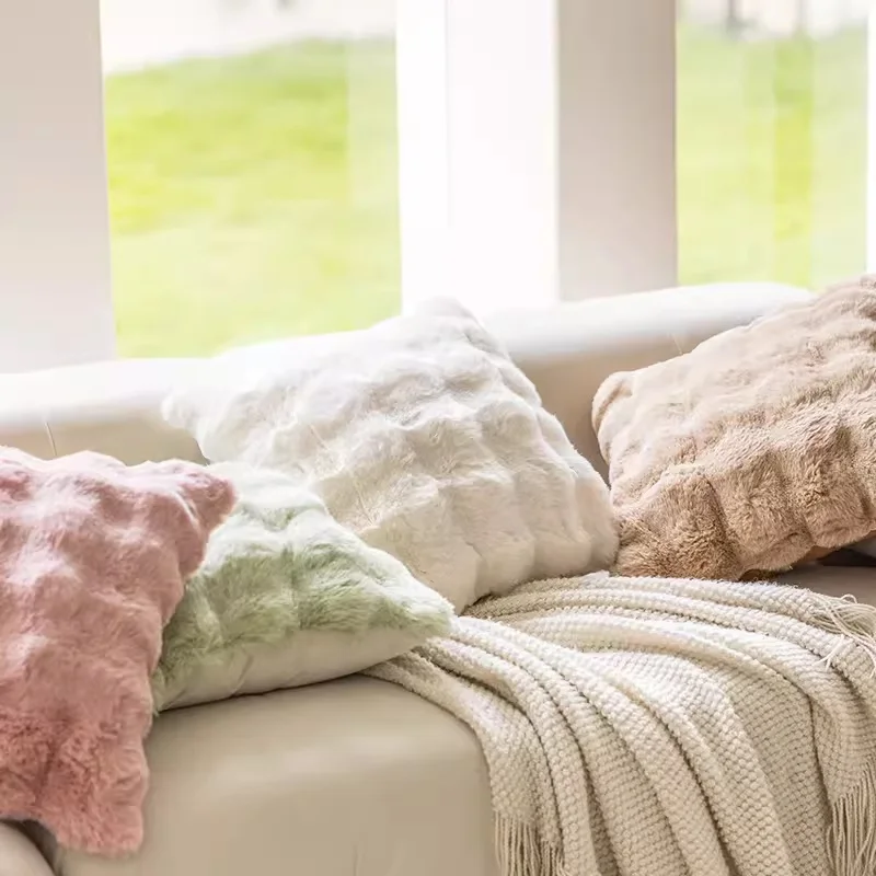 Nordic Ins Style Plush Rabbit Fur Pillow Living Room Sofa Backrest Cushion Luxury Velvet Pillow Creamy Decorative Backrest