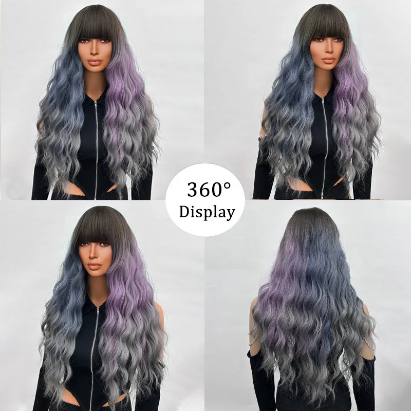التدرج اللون مع الانفجارات الشعر الطويل موجة طويلة حليقة المرأة الألياف مقاومة للحرارة شعر مستعار القبعات