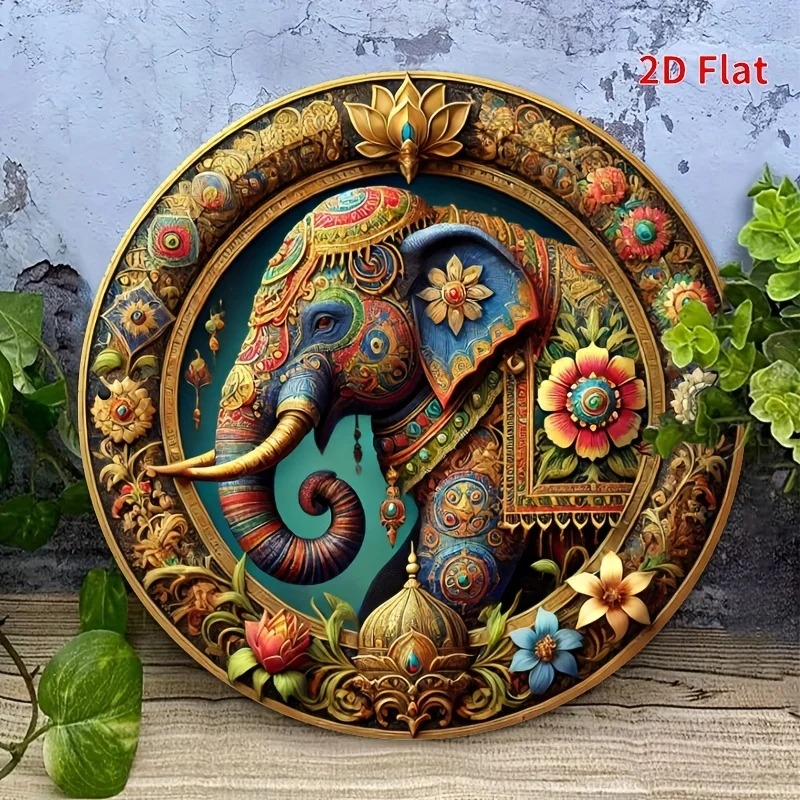 2026 2D Flat Vintage Indian Elephant Floral Round Wooden Sign, Ethnic Mandala Oriental Wall Art, Boho Hippie Home Decor, Hind