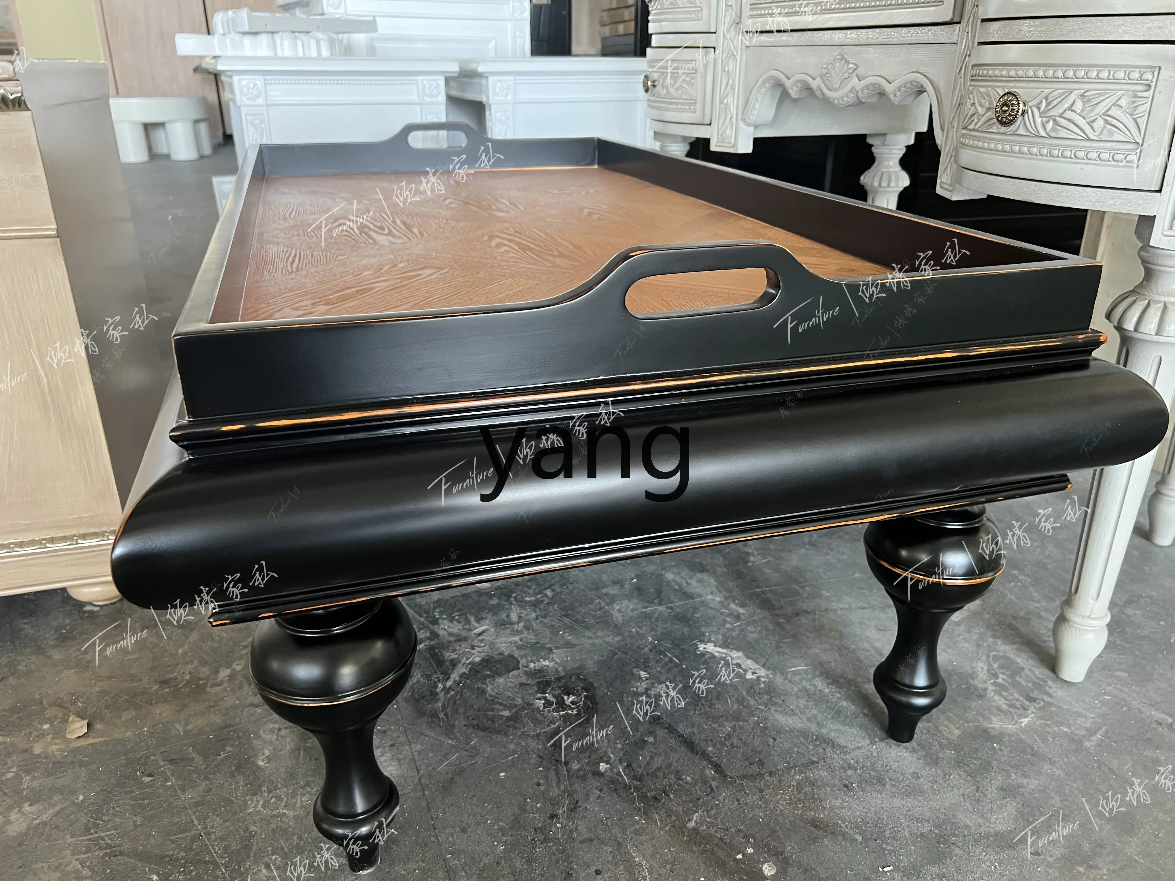 LMM American Country Solid Wood Square Coffee Table Fashion Simple Handle Black Living Room