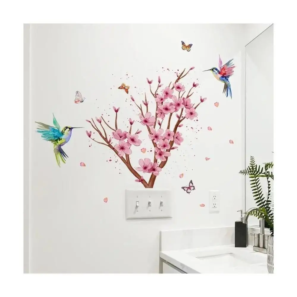 Peach Blossom Branch Bird Butterfly Wall Stickers Bedroom Living Room Background Self-Adhesive Wallpaper Fashion Home Decoration
