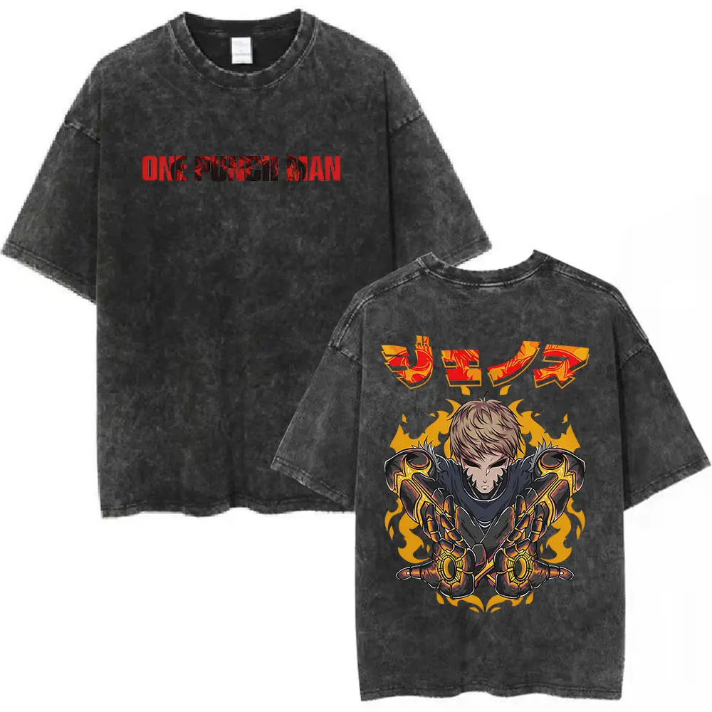 Anime One Punch Man Saitama Vintage Washed T-shirt Men Women Fashion Short Sleeve T Shirts 100% Cotton Casual Oversized T-shirts