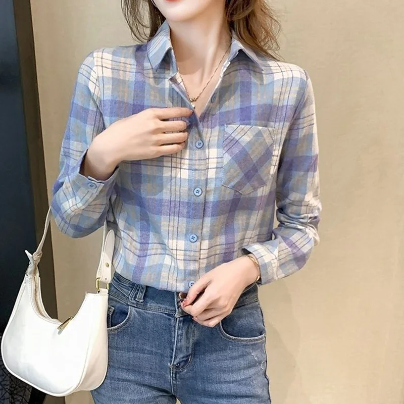 Retro Plaid Pattern Patchwork Pockets Blouse Fashion Polo-Neck Sanding Single Row Multi Buckle Loose Blue Women\'s Shirts