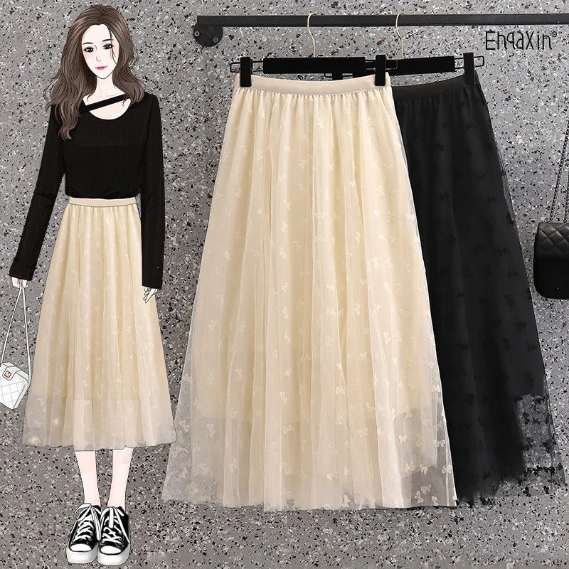 EHQAXIN Elegant Womens Skirt Spring Summer Sweet Bow A-Line Casual Versatile Super Fairy Mesh Skirts Temperament Ladies L-4XL