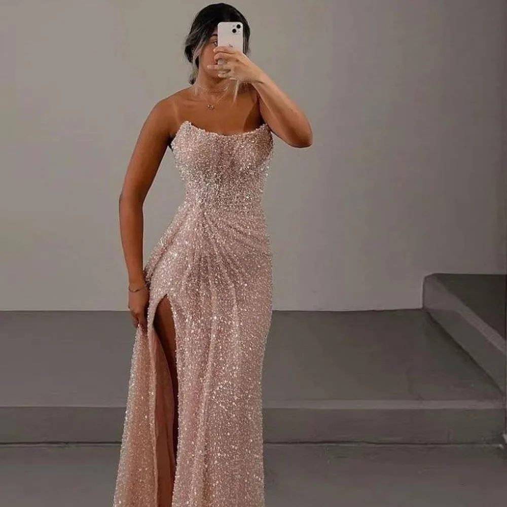 Customized Glamorous Light Pink Sequins Strapless Sleeveless Long Prom Dress with Split Glitter Mermaid Formal Cocktail Dress
