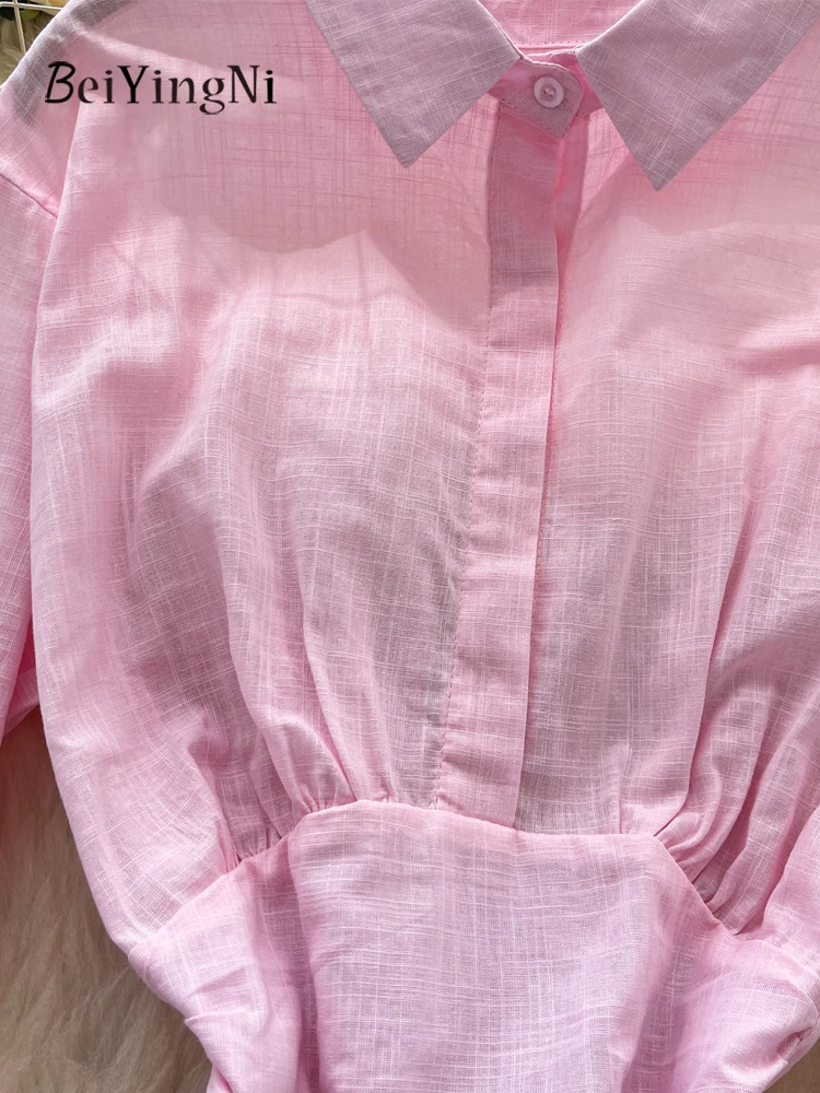 Beiyingni Abito camicia da donna Primavera Autunno Moda Bottoni a maniche lunghe A-line Mini Abiti Abiti femminili coreani in vita elastica