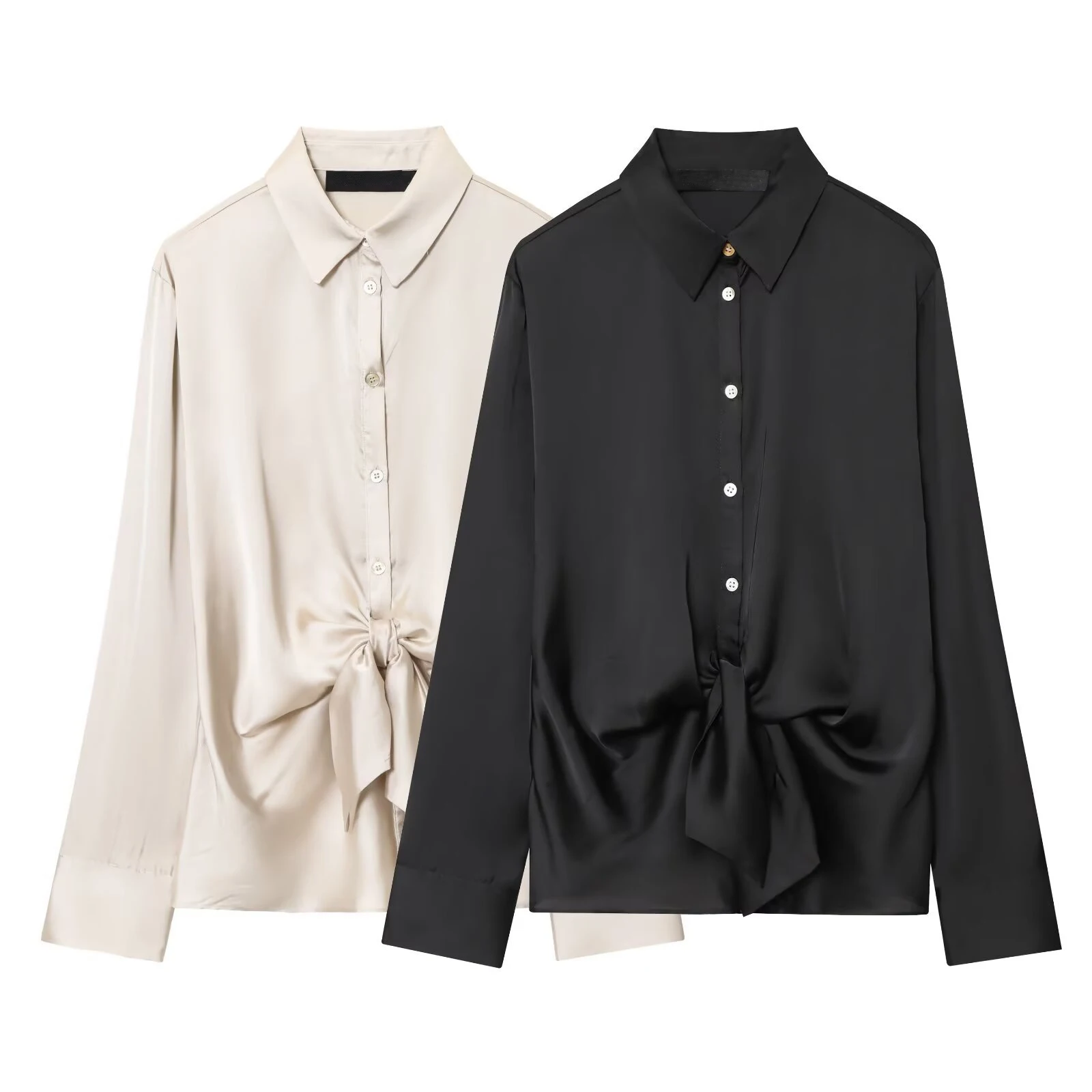 

Silk Satin Shirt For Women Summer 2025 New Fashion Elegant Single Breasted Turndown Collar Bow Blouse Solid Casual Loose Shirts