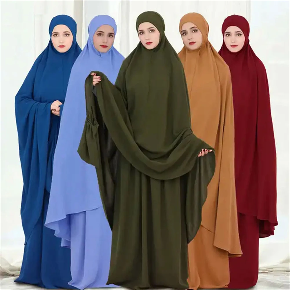 

Satin Abaya and Khimar Set for Women Caftan 2 Piece Islamic Hooded Abayas Ramadan Eid Muslim Prayer Garment Dubai Turkey Burqa