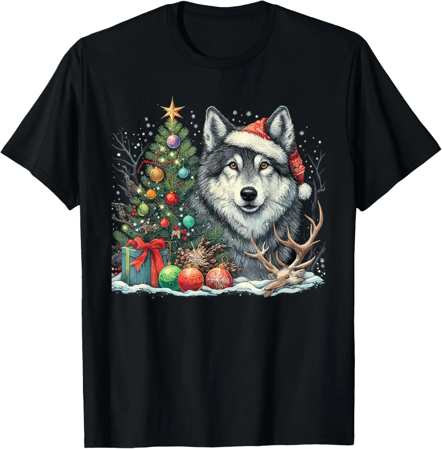 

Cute Wolf With Christmas tree WearingHat T-Shirt