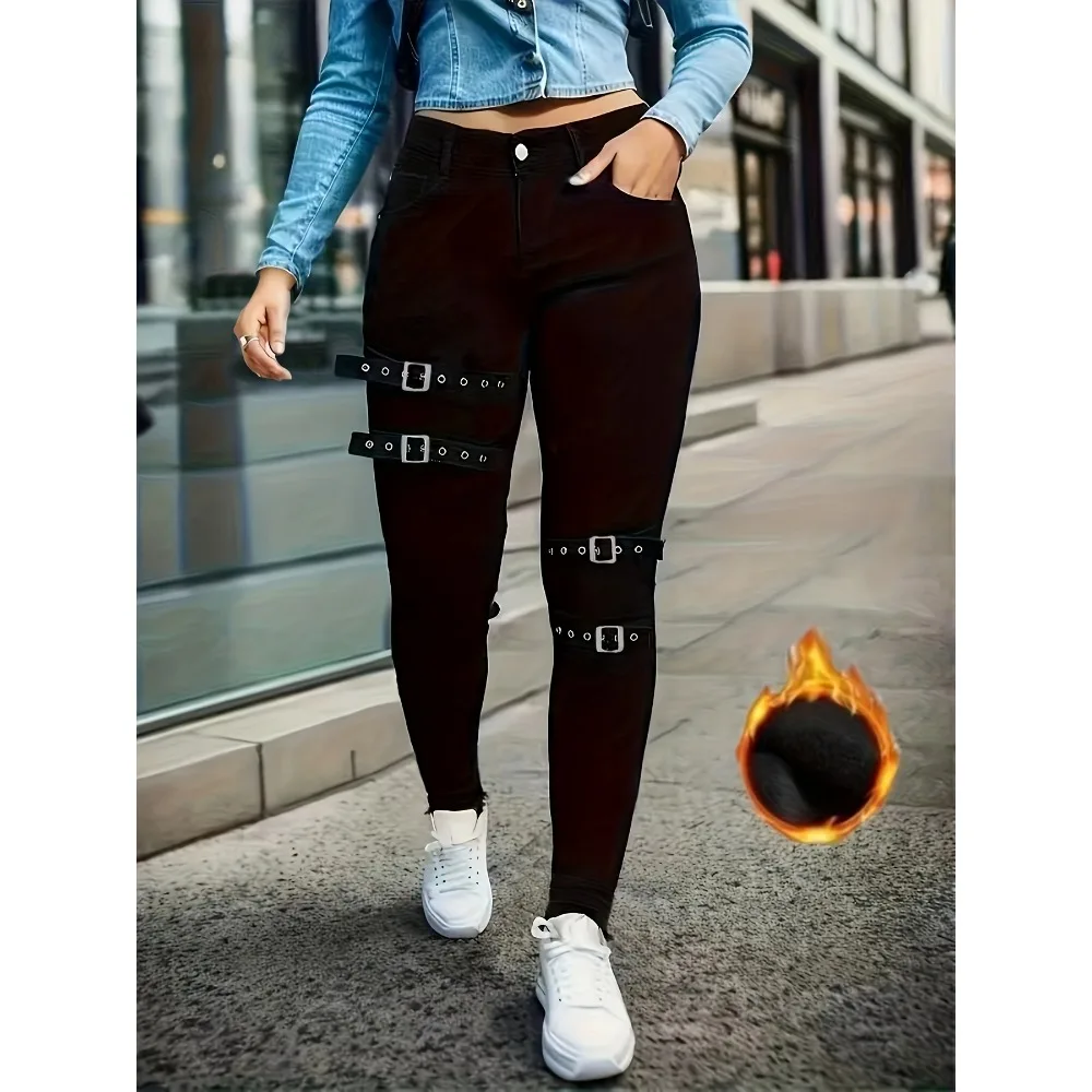 Women's elastic buckle fashion Joker rough feet composite velvet jeans.